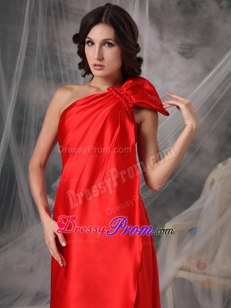 Elegant Red Prom Graduation Dress High Slit One Shoulder Satin in Suzano