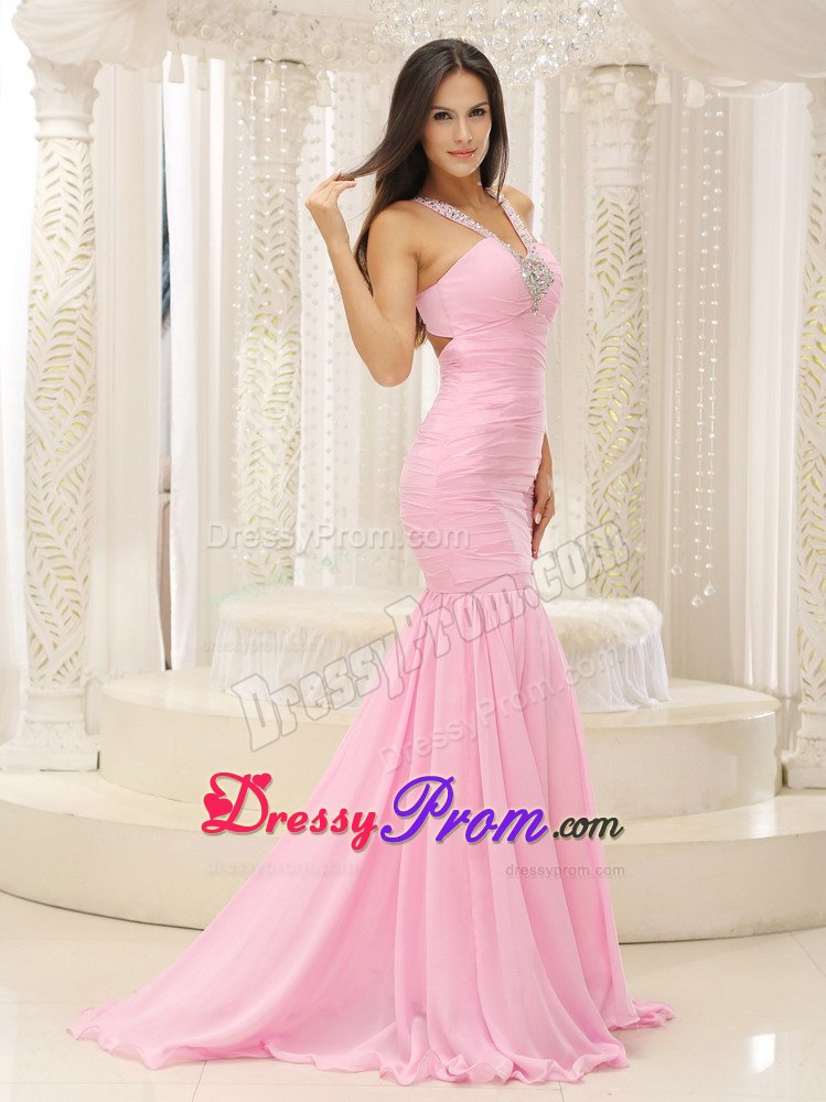 Beaded V-neck Ruches Mermaid Prom Court Dresses in Baby Pink 2014