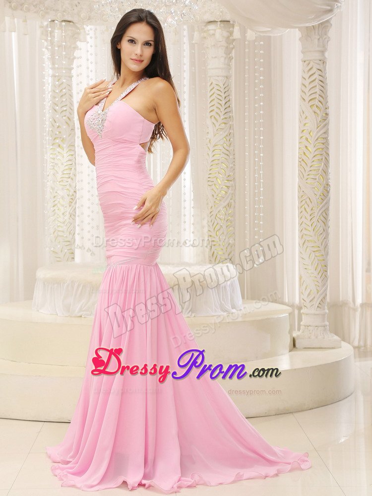 Beaded V-neck Ruches Mermaid Prom Court Dresses in Baby Pink 2014
