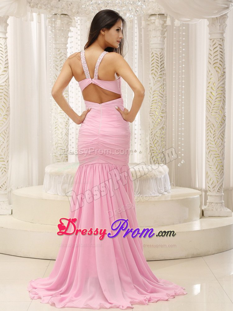 Beaded V-neck Ruches Mermaid Prom Court Dresses in Baby Pink 2014