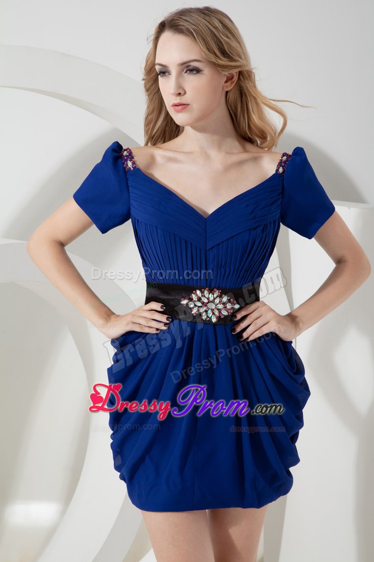 Royal Blue V-neck Prom Bridesmaid Dress with Short Sleeves 2014