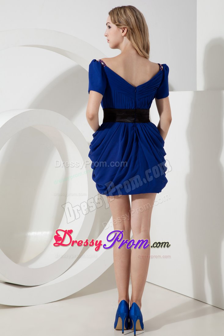 Royal Blue V-neck Prom Bridesmaid Dress with Short Sleeves 2014