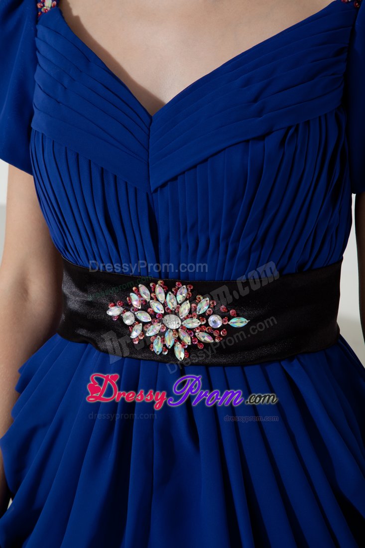 Royal Blue V-neck Prom Bridesmaid Dress with Short Sleeves 2014