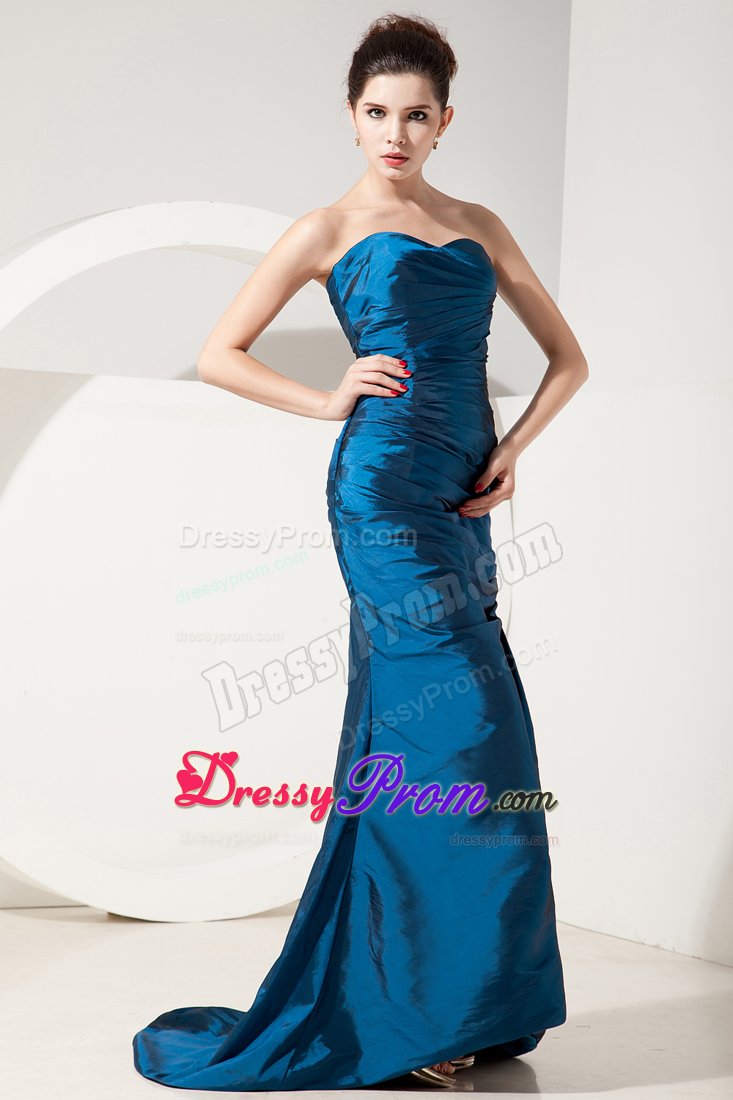 Ruched Column Sweetheart Prom Bridesmaid Dresses in Peacock Blue