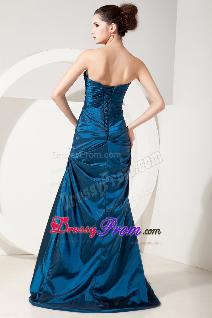 Ruched Column Sweetheart Prom Bridesmaid Dresses in Peacock Blue