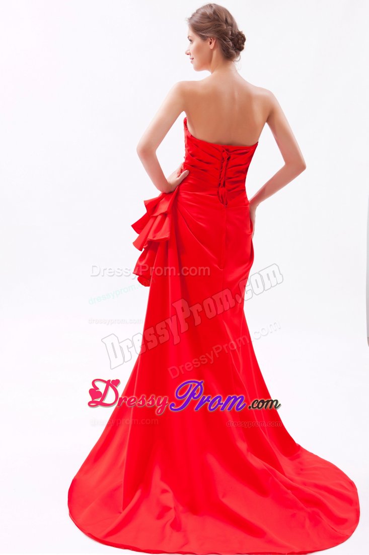 Brooch Accent Red Brush Prom Bridesmaid Dress with Slot Neckline