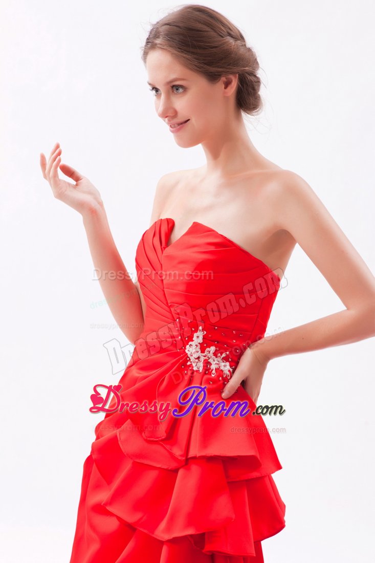 Brooch Accent Red Brush Prom Bridesmaid Dress with Slot Neckline