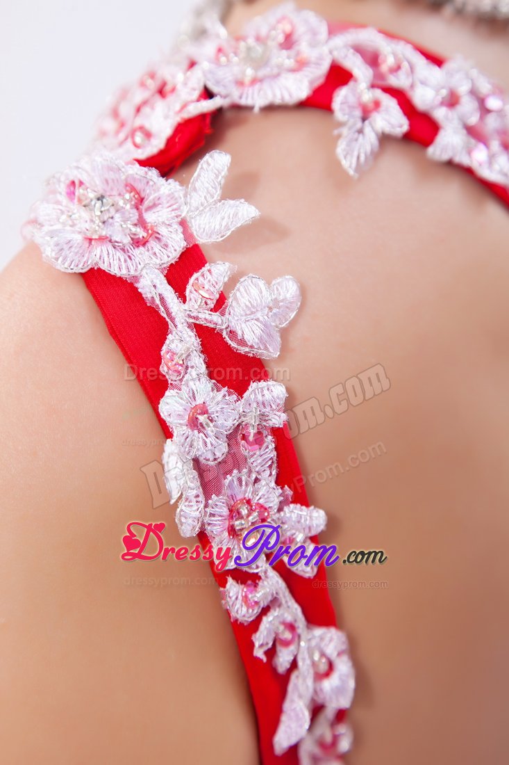 Appliqued Red Asymmetrical Prom Bridesmaid Dress with Court Train