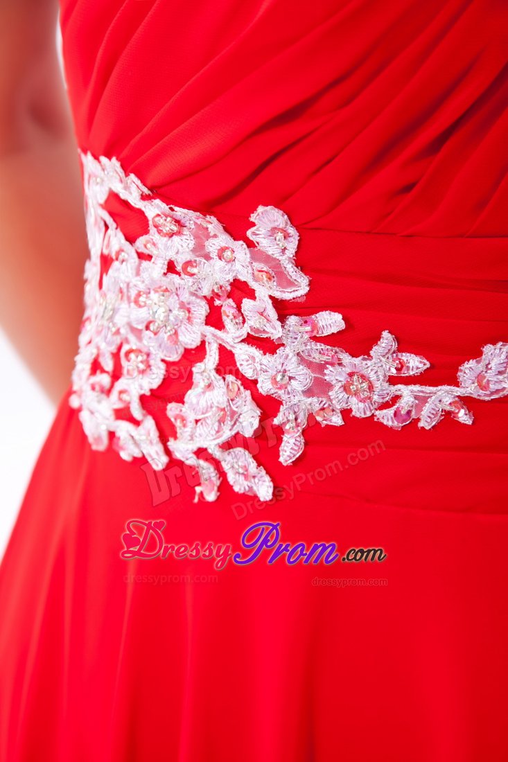 Appliqued Red Asymmetrical Prom Bridesmaid Dress with Court Train