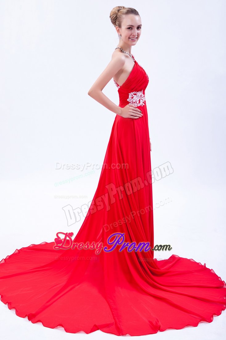 Appliqued Red Asymmetrical Prom Bridesmaid Dress with Court Train