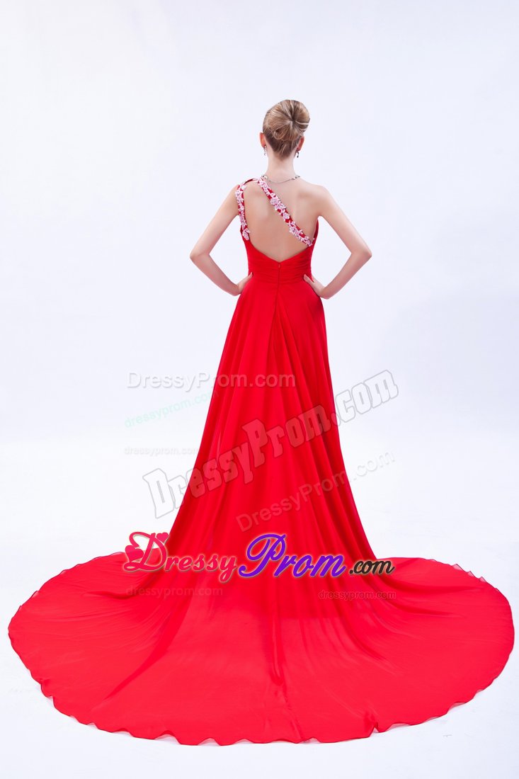 Appliqued Red Asymmetrical Prom Bridesmaid Dress with Court Train