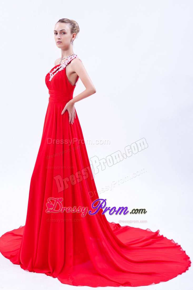 Appliqued Red Asymmetrical Prom Bridesmaid Dress with Court Train