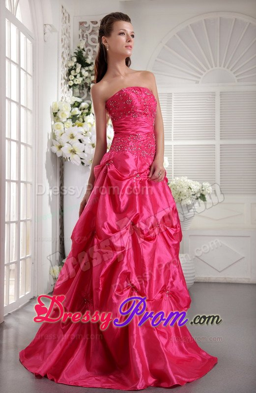 Hot Pink A-line Prom Bridesmaid Dress with Beading and Pick ups