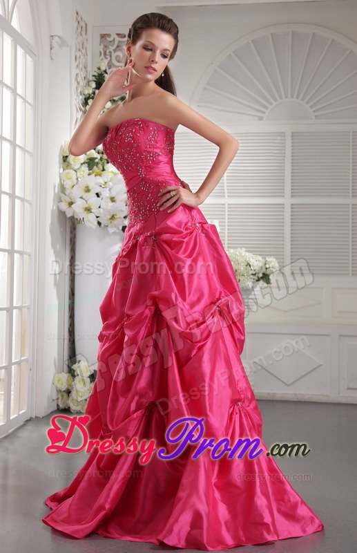 Hot Pink A-line Prom Bridesmaid Dress with Beading and Pick ups