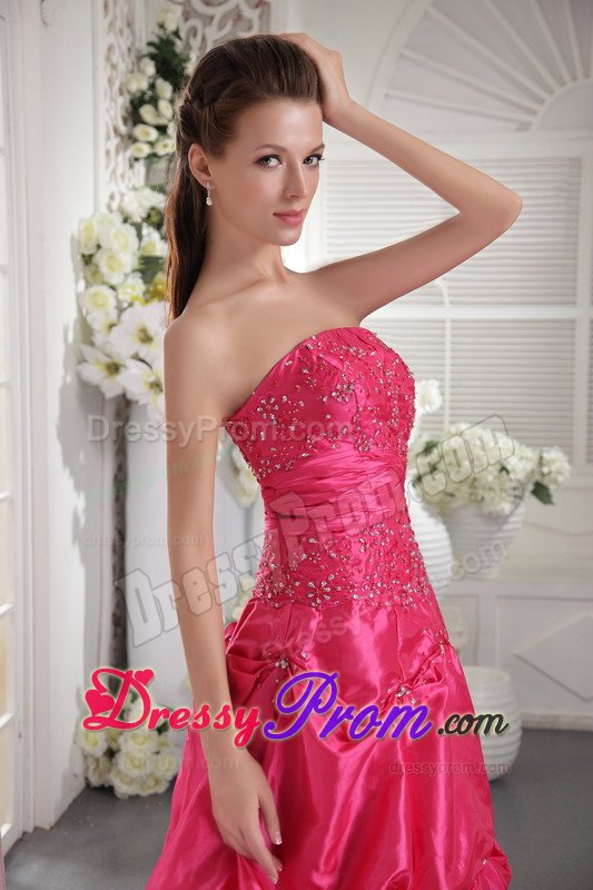 Hot Pink A-line Prom Bridesmaid Dress with Beading and Pick ups