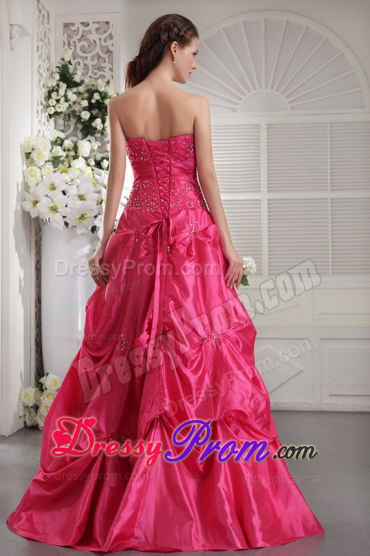 Hot Pink A-line Prom Bridesmaid Dress with Beading and Pick ups