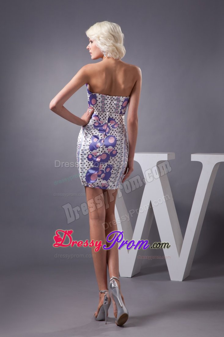 Printed Column Mini Length Prom Party Dress with Bowknot Accent