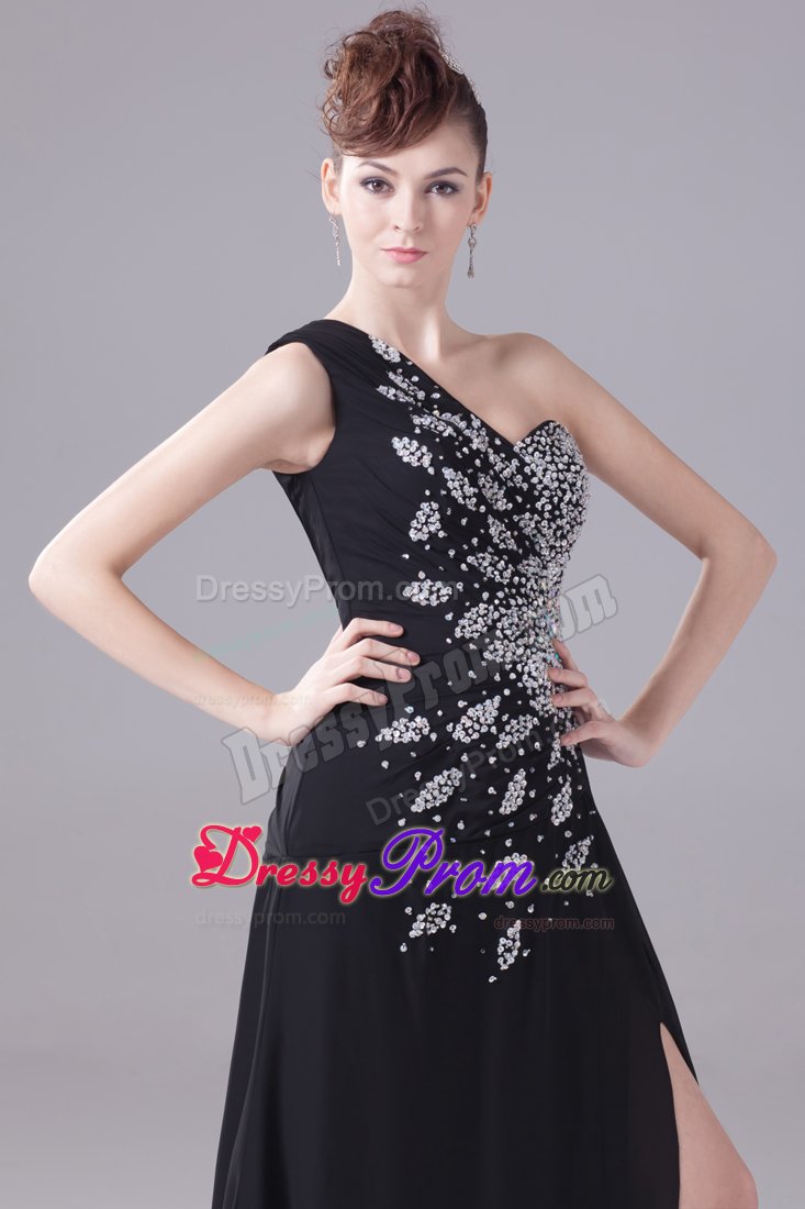 Beading One Shoulder High Slit Brush Train Black Prom Party Dress