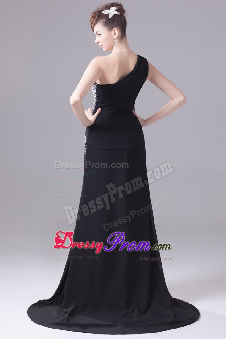 Beading One Shoulder High Slit Brush Train Black Prom Party Dress