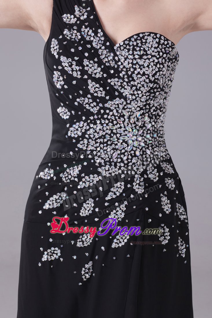 Beading One Shoulder High Slit Brush Train Black Prom Party Dress