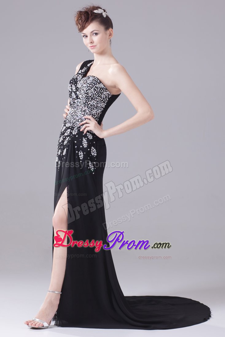 Beading One Shoulder High Slit Brush Train Black Prom Party Dress