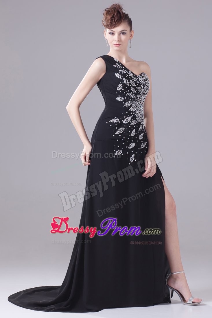 Beading One Shoulder High Slit Brush Train Black Prom Party Dress