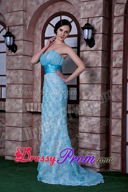 Rolling Flowers and Ruches Accent Prom formal Dress in Baby Blue