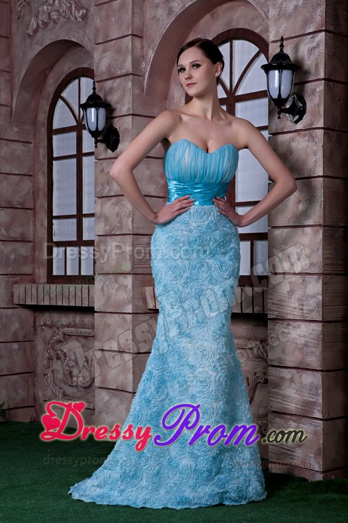 Rolling Flowers and Ruches Accent Prom formal Dress in Baby Blue