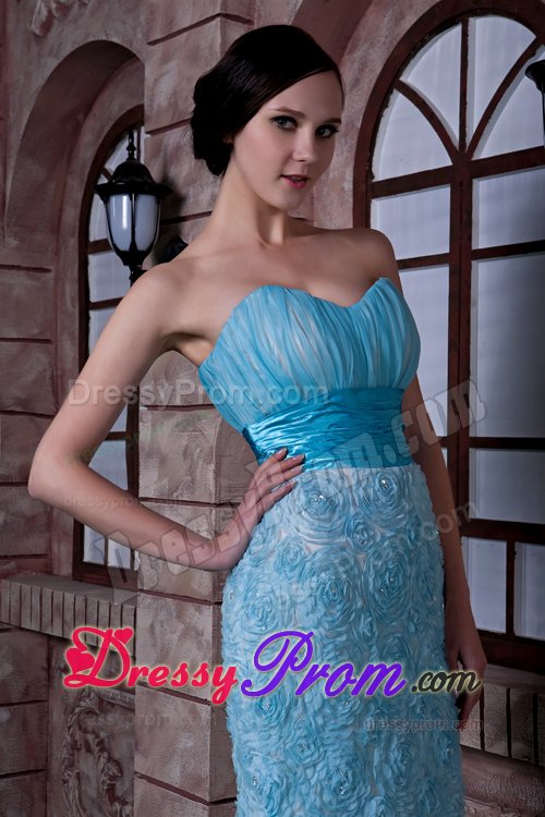 Rolling Flowers and Ruches Accent Prom formal Dress in Baby Blue