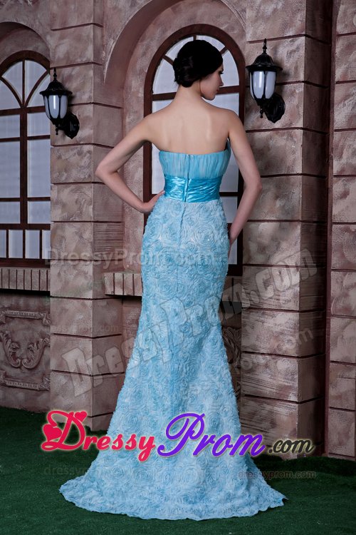 Rolling Flowers and Ruches Accent Prom formal Dress in Baby Blue