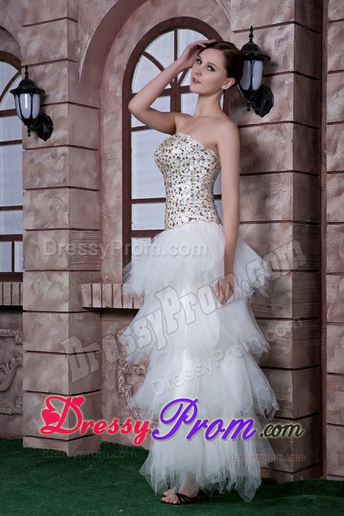 White Asymmetrical Strapless Prom formal Dress with Beading Ruffles
