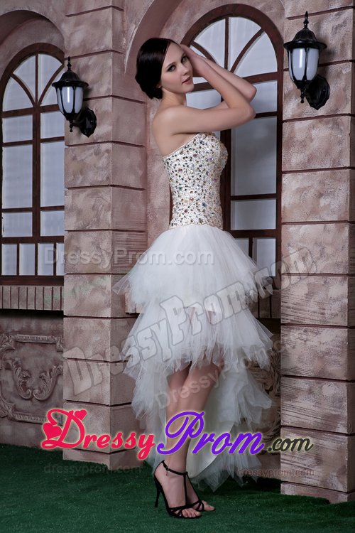 White Asymmetrical Strapless Prom formal Dress with Beading Ruffles