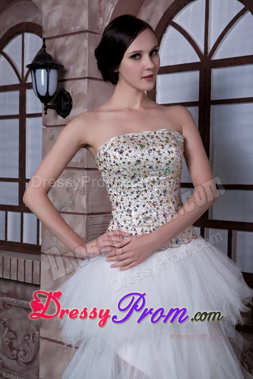 White Asymmetrical Strapless Prom formal Dress with Beading Ruffles
