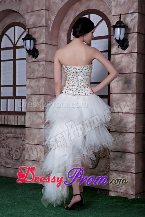 White Asymmetrical Strapless Prom formal Dress with Beading Ruffles