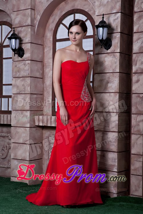 Red One Shoulder Brush Train Prom formal Dress with Beading 2014