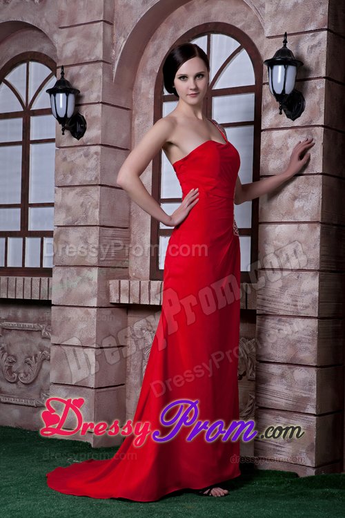 Red One Shoulder Brush Train Prom formal Dress with Beading 2014