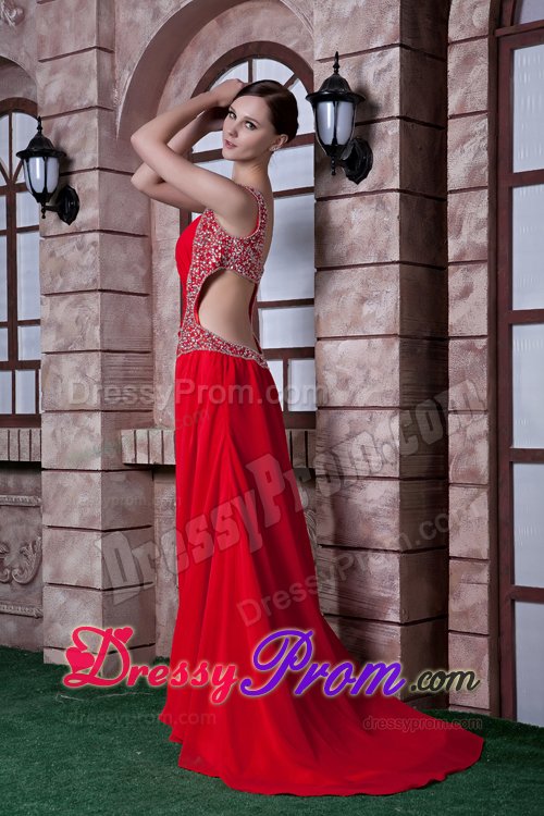 Red One Shoulder Brush Train Prom formal Dress with Beading 2014