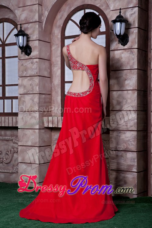 Red One Shoulder Brush Train Prom formal Dress with Beading 2014