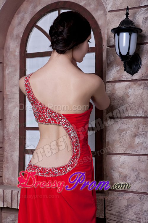 Red One Shoulder Brush Train Prom formal Dress with Beading 2014