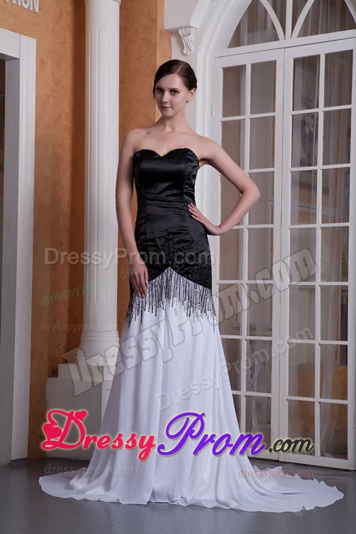 Black and White Prom formal Dress with Brush Train and Beading