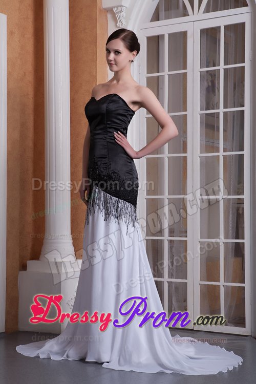 Black and White Prom formal Dress with Brush Train and Beading