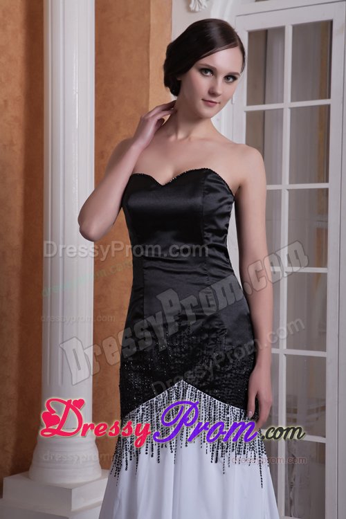 Black and White Prom formal Dress with Brush Train and Beading