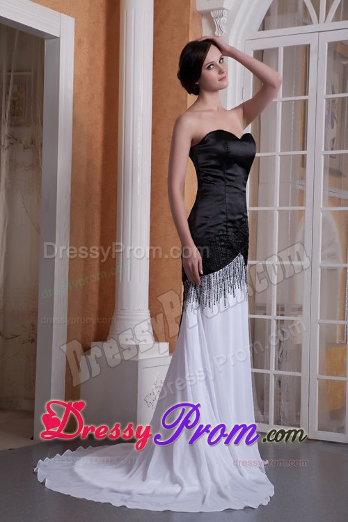 Black and White Prom formal Dress with Brush Train and Beading