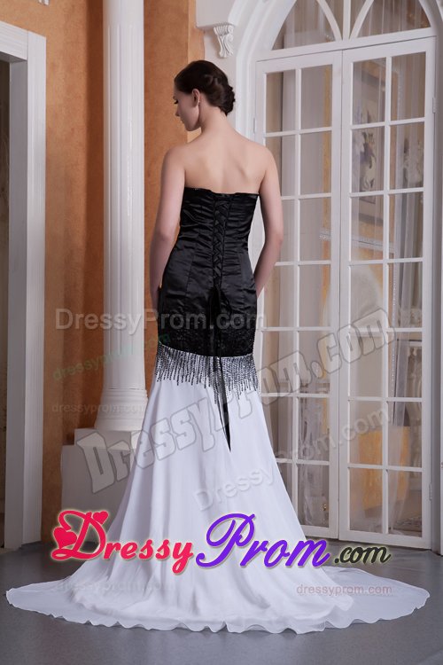 Black and White Prom formal Dress with Brush Train and Beading