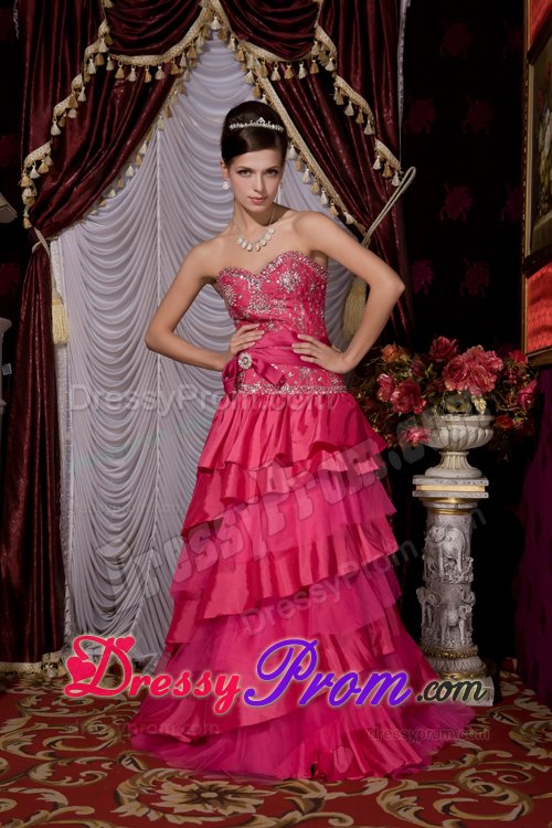 Beading and Ruffled Layers Accent Prom formal Dress in Hot Pink