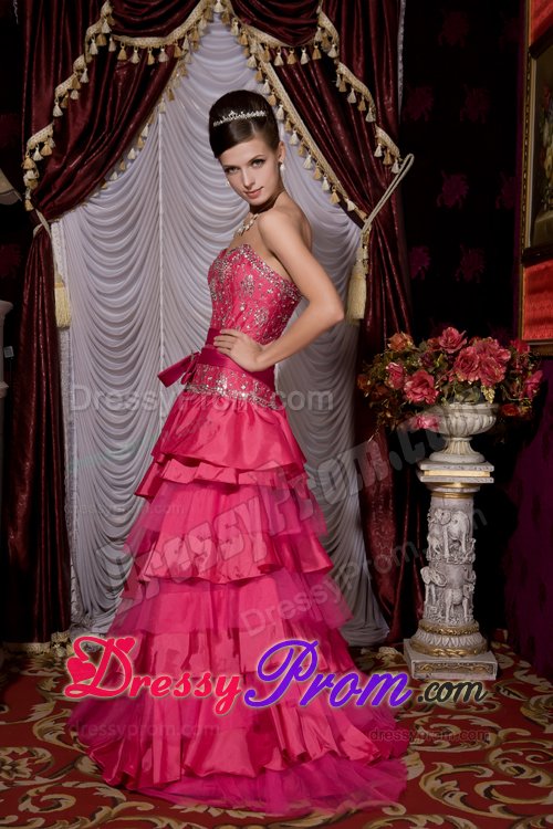 Beading and Ruffled Layers Accent Prom formal Dress in Hot Pink