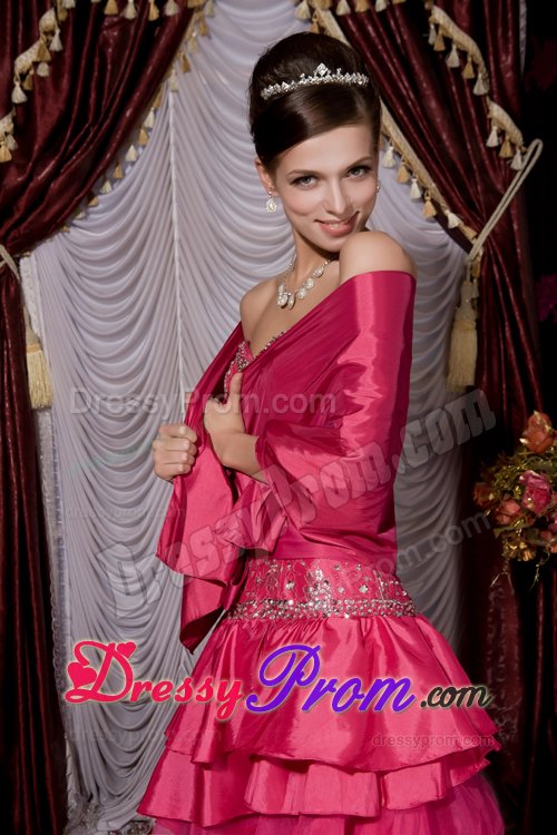 Beading and Ruffled Layers Accent Prom formal Dress in Hot Pink