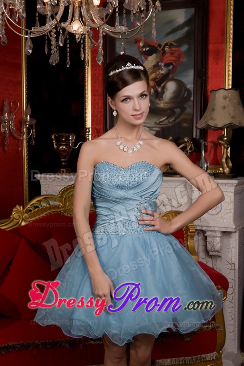 Beaded and Ruched Mini Organza Prom Pageant Dress in Light Blue