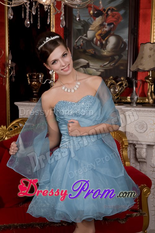 Beaded and Ruched Mini Organza Prom Pageant Dress in Light Blue