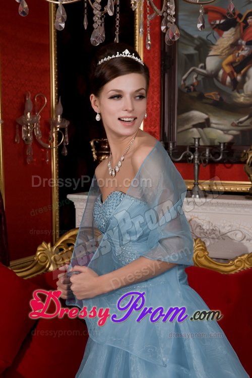 Beaded and Ruched Mini Organza Prom Pageant Dress in Light Blue